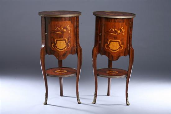 Appraisal: PAIR MARQUETRY INLAID SIDE TABLES th century with gilt-metal mounts