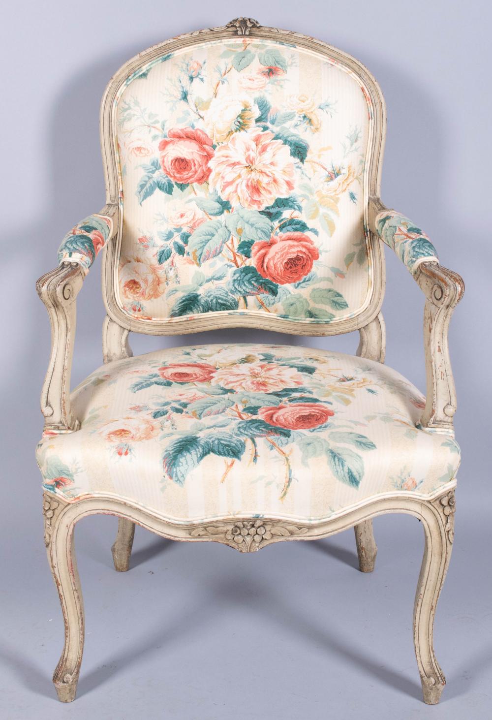 Appraisal: LOUIS XV STYLE GREEN PAINTED FAUTEUIL the cartouche padded back