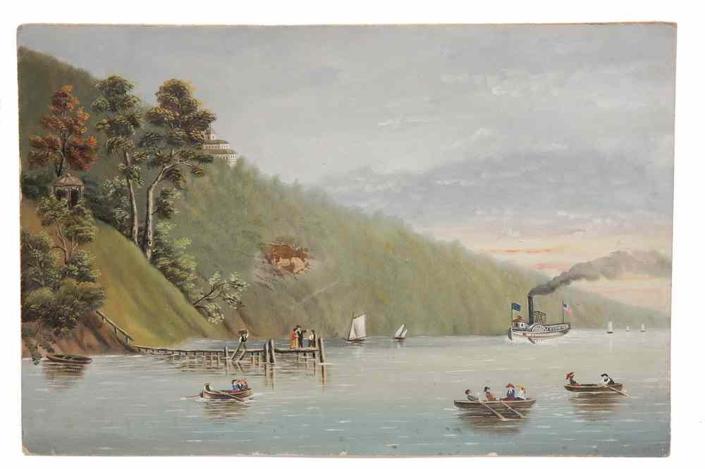 Appraisal: OOB - Primitive River Scene with Early Steamboat Approaching Dock