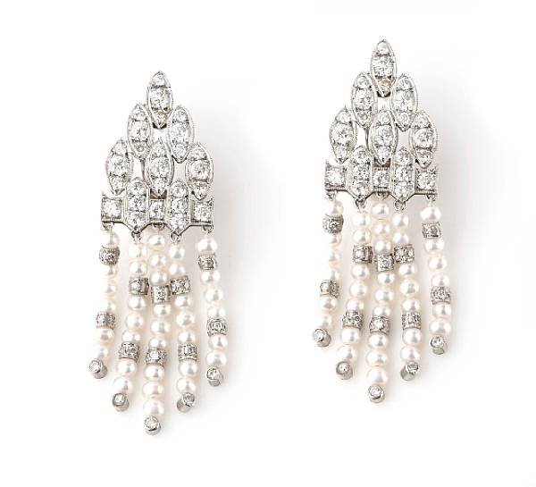 Appraisal: A pair of diamond cultured pearl and white gold fringe