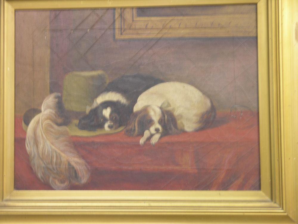 Appraisal: An oil on canvas after Landseer cavalier spaniels x in