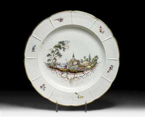 Appraisal: PLATTER WITH RIVER LANDSCAPE Ludwigsburg circa - Basket weave edge