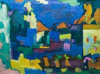 Appraisal: Constantine Pougialis Constantine Pougialis American - Cubist Buildings oil on