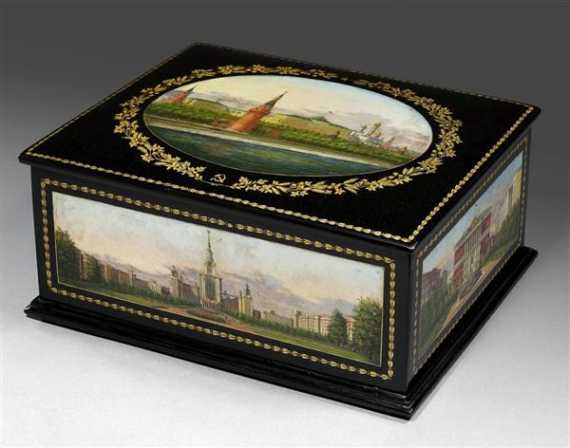 Appraisal: PAINTED WOODEN CASKET Russia circa Painted on all sides with