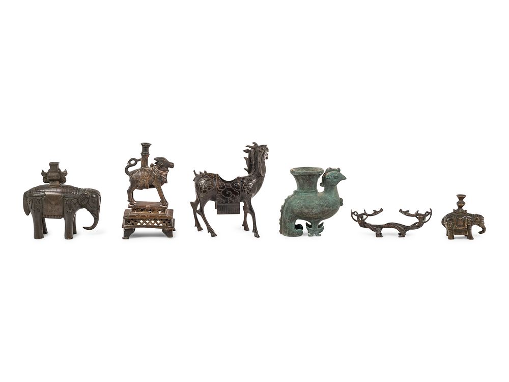 Appraisal: Six Chinese Bronze Animal-Form Articles Six Chinese Bronze Animal-Form Articles