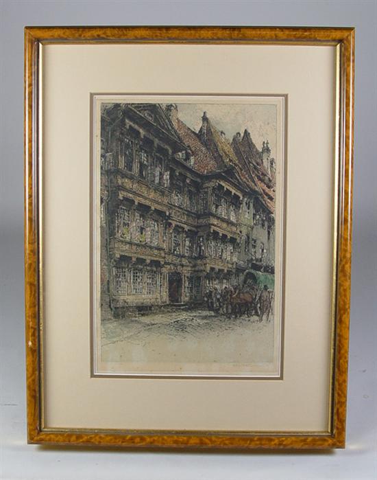 Appraisal: French Etching th Century street scene of Medieval style house