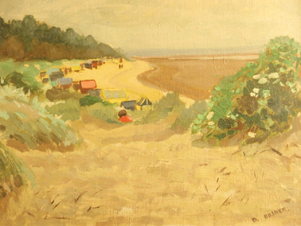 Appraisal: Donald Bosher - Beach scene with beach huts at Wells-next-the-Sea