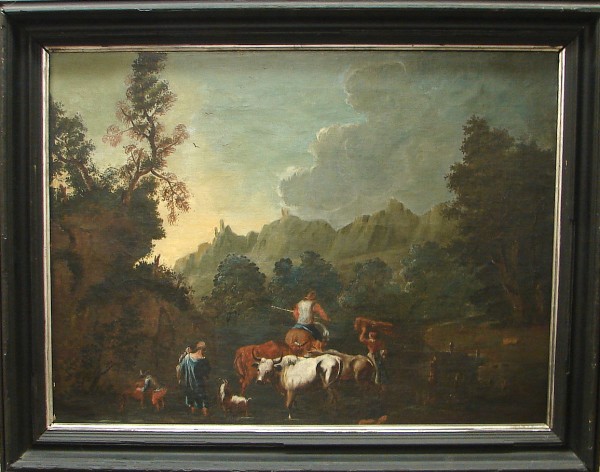 Appraisal: Landscape with figures and oxen oil on canvas wax lined