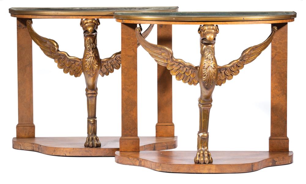 Appraisal: Pair of Antique Burlwood and Carved Giltwood Console Tables demilune