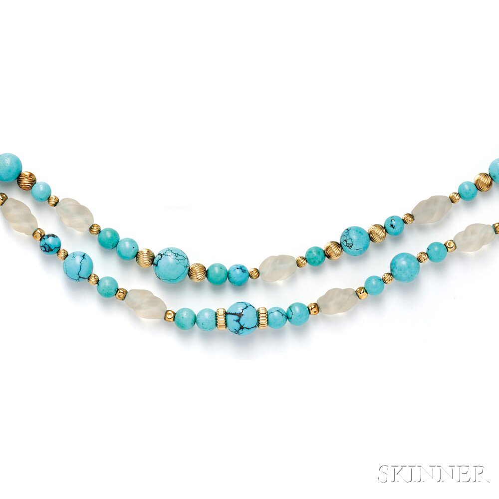 Appraisal: kt Gold Turquoise and Rock Crystal Double-strand Necklace composed of