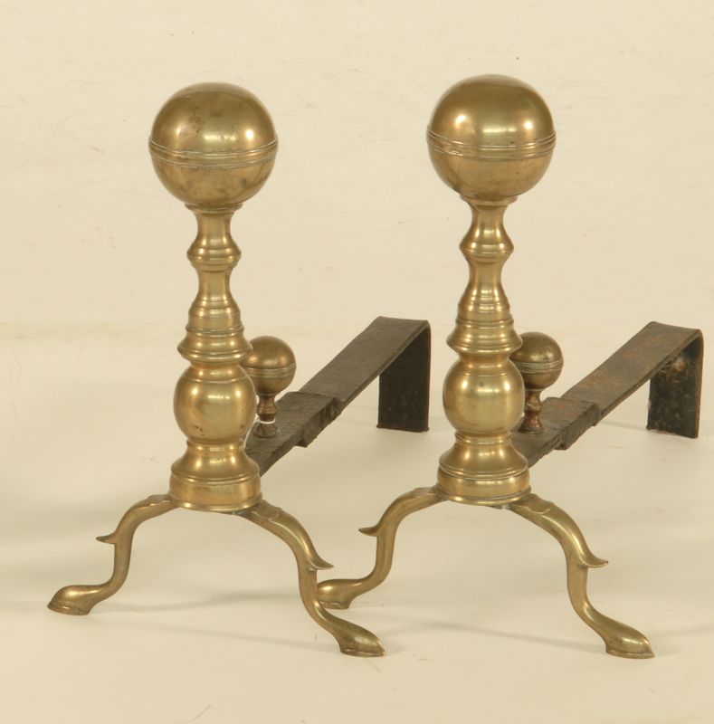 Appraisal: PAIR OF ANTIQUE BRASS BALL-TOP ANDIRONS American Circa Height Depth