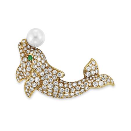 Appraisal: Gold Diamond Cultured Pearl and Emerald Dolphin Clip-Brooch Cartier Estimate