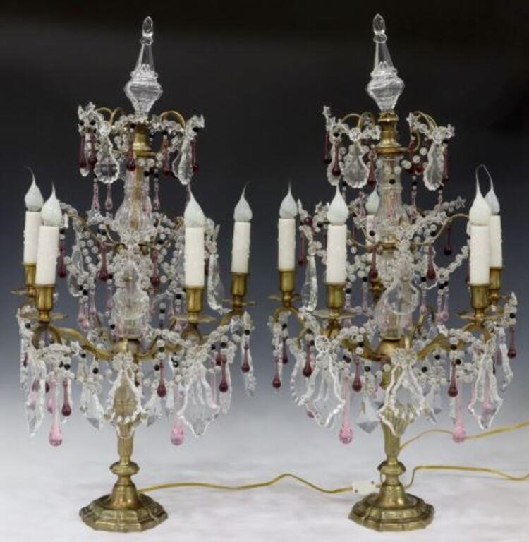 Appraisal: pair French crystal and brass five-light girandoles electrified glass spire