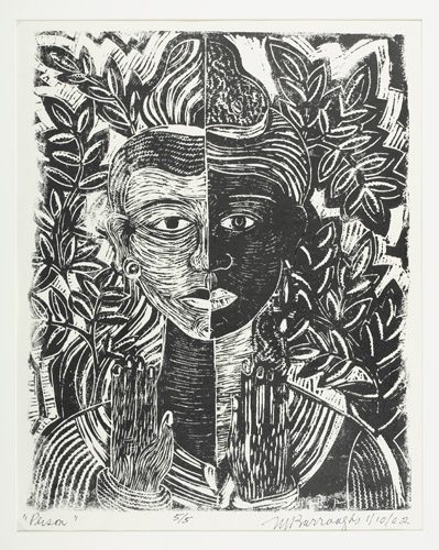 Appraisal: MARGARET BURROUGHS - Two linoleum cuts Person Two Worlds x