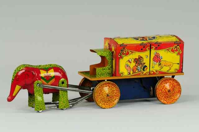 Appraisal: CIRCUS WAGON MENAGERIE TRUCK Lithographed tin clockwork driven wagon drawn