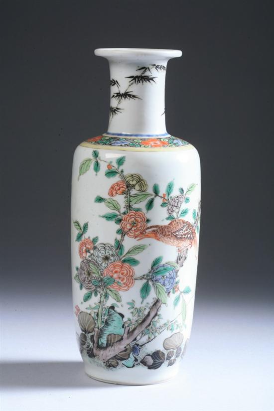 Appraisal: CHINESE FAMILLE VERTE PORCELAIN ROULEAU VASE Bird and floral decoration