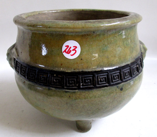 Appraisal: CHINESE POTTERY CENSOR tri-legged having repeating longevity design band against