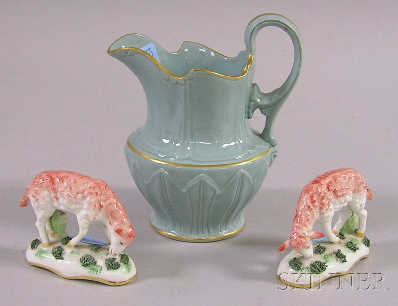 Appraisal: Glazed Ceramic Pitcher and a Pair of Staffordshire Hand-painted Porcelain