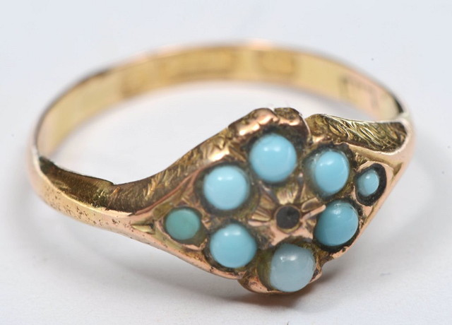 Appraisal: A VICTORIAN GOLD RING marks indistinguishable with stylised turquoise setting