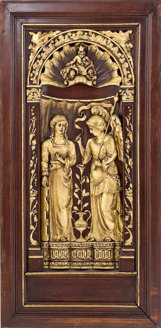 Appraisal: Continental parcel-gilt carved walnut panel probably Italian th century figural