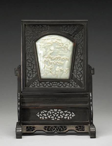 Appraisal: A jade plaque mounted in a wood table screen Republic