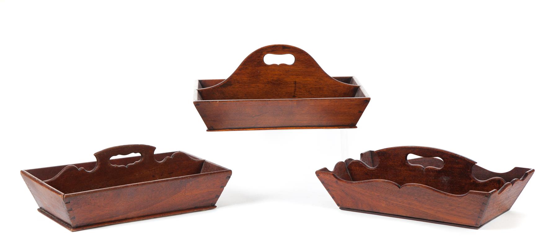 Appraisal: THREE UTENSIL TOTES First half- th century walnut and mahogany