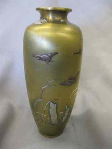 Appraisal: Japanese Mixed Metals Vase silver copper on bronze '' birds