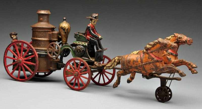 Appraisal: Cast Iron Fire Pumper Horse-Drawn Toy Description American Made by