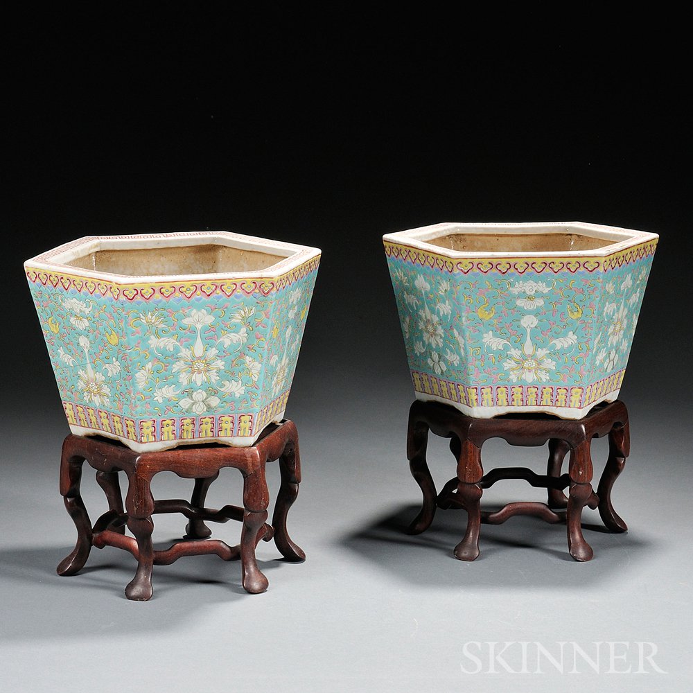 Appraisal: Pair of Enameled Jardinieres China th th century each hexagonal