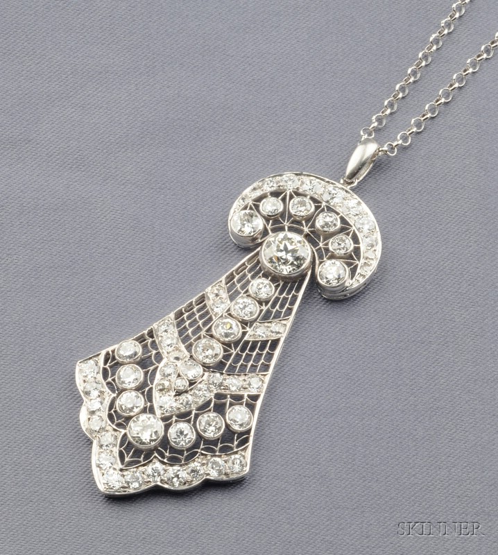 Appraisal: Art Deco Platinum and Diamond Pendant the openwork form bezel