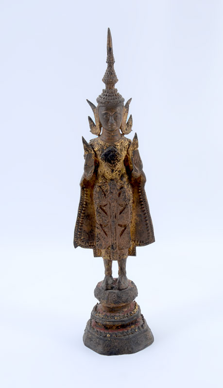 Appraisal: THAI GILT BRONZE STANDING BUDDHA Cast gilded bronze figure of