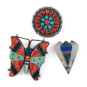 Appraisal: Zuni and Chiricahua Apache Silver Pins Brooches with Inlay second