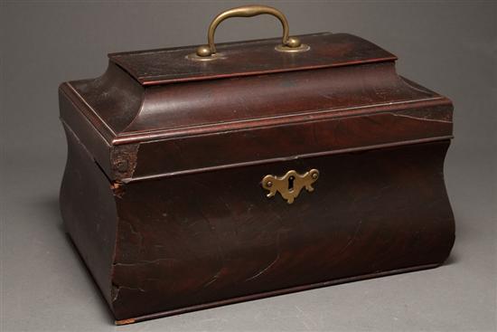 Appraisal: George III mahogany bombe-form tea caddy circa brass escutcheon and