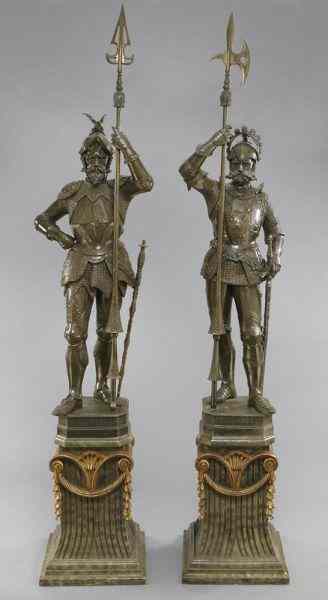 Appraisal: Pr Italian wood pedestals mounted with patinatedknights Knights ''H Pedestals