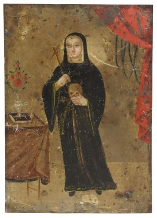 Appraisal: Unframed oil on tin retablo Santa Rita o Margarita de