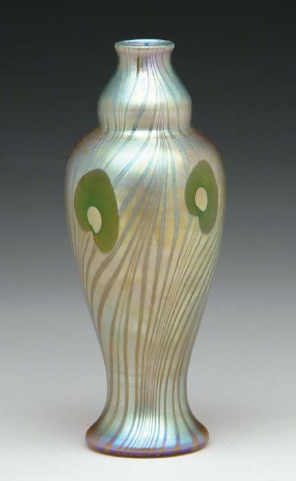 Appraisal: STEUBEN PEACOCK FEATHER VASE Classic Egyptian formed gold Aurene vase