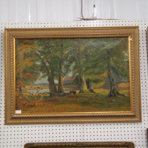 Appraisal: Finn Wennerwald oil landscape with lake signed dated on canvas