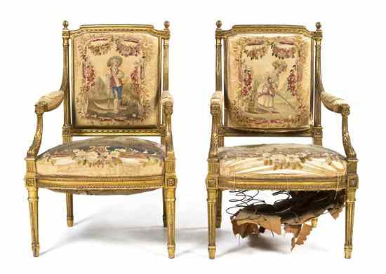 Appraisal: A Pair of Louis XVI Style Giltwood Fauteuils each having