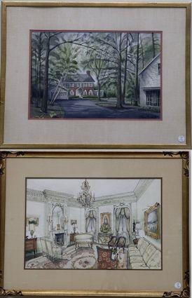 Appraisal: Theodore Hancock Interior Scene together with Two House Views Watercolors