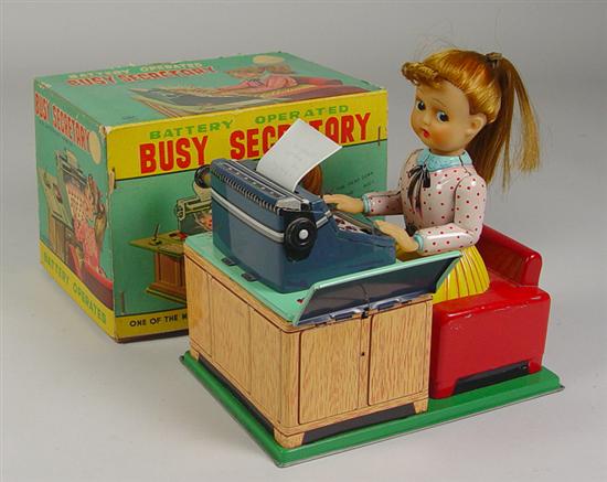 Appraisal: Lineman Busy Secretary Lithographed Tin Toy Circa 's Battery operated