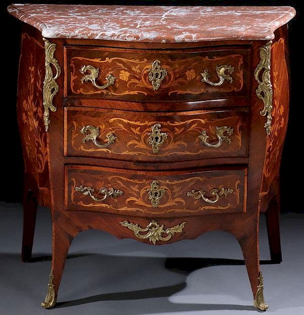 Appraisal: LOUIS XVI STYLE PARQUETRY BRONZE MARBLE COMMODE A GOOD FRENCH