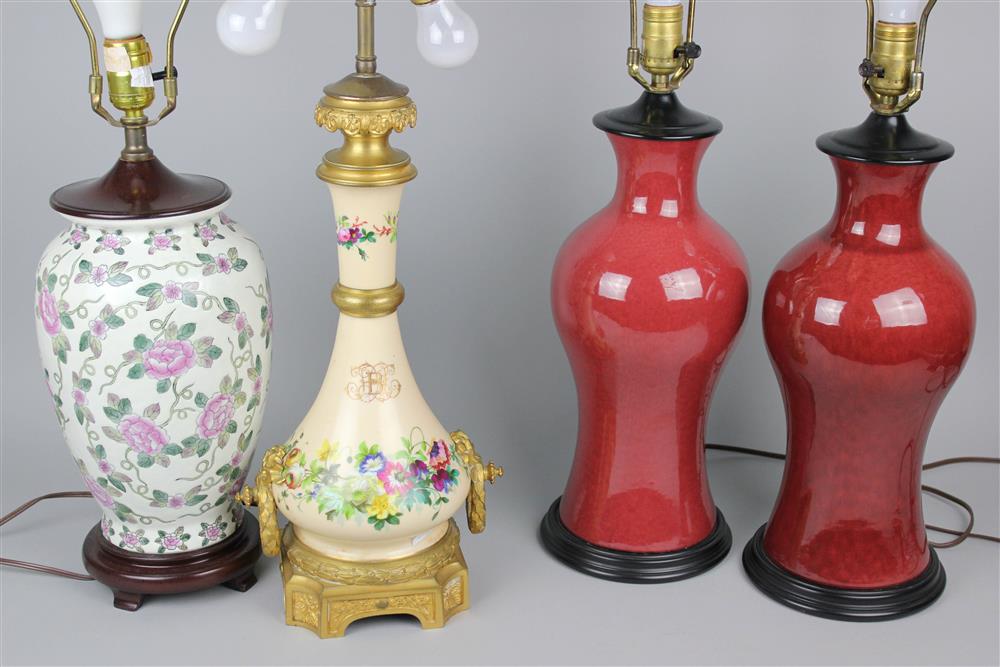 Appraisal: FOUR GLAZED CERAMIC VASES MOUNTED AS TABLE LAMPS including a