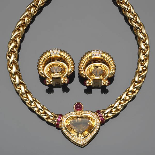 Appraisal: A set of ruby citrine diamond and k gold necklace