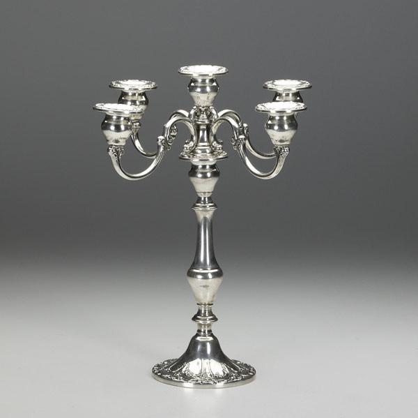 Appraisal: GORHAM Five-light weighted candelabra with scroll design at base and