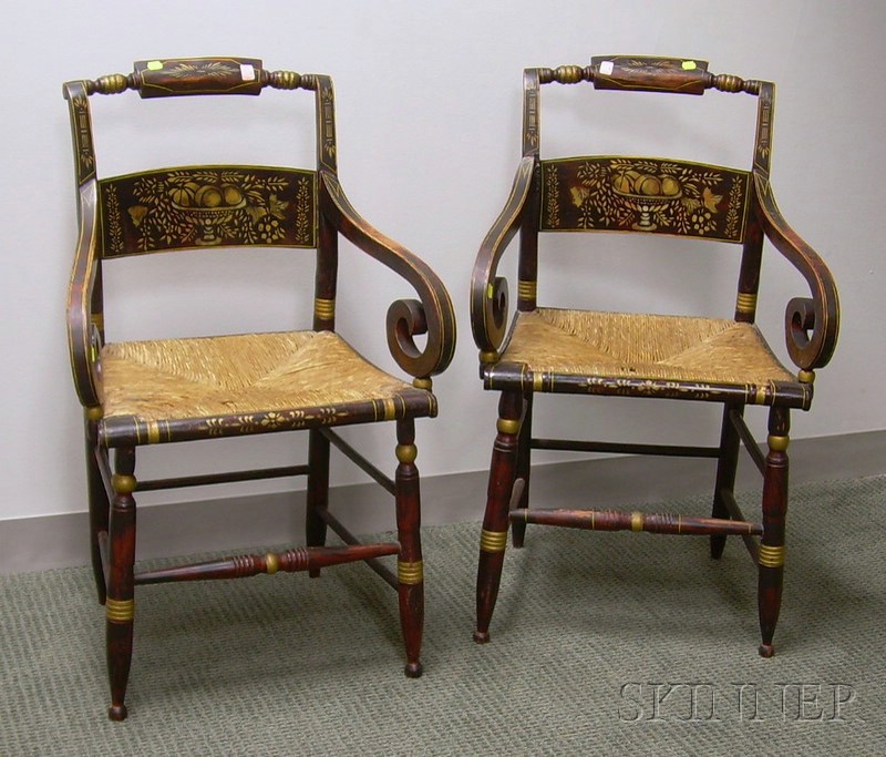 Appraisal: Pair of Classical Grain Painted and Stencil Decorated Armchairs with