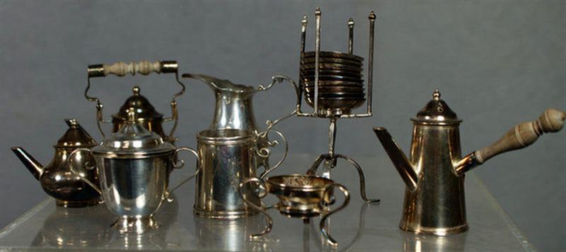 Appraisal: miniature silver table items plate stand kettle on stand pots