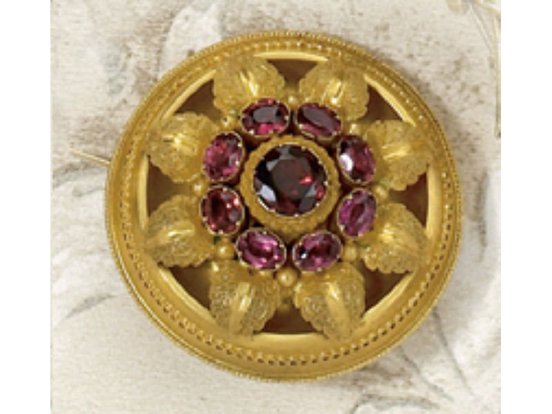 Appraisal: VICTORIAN GARNET LOCKET BROOCH Mid Victorian k yellow chased gold