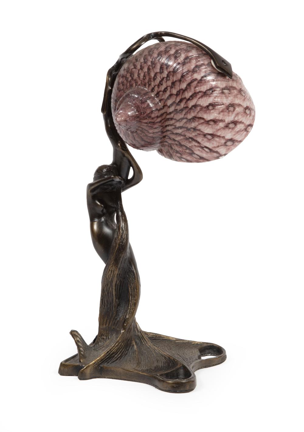 Appraisal: Art Deco-Style Patinated Metal Figural Lamp figure holding shell-form glass