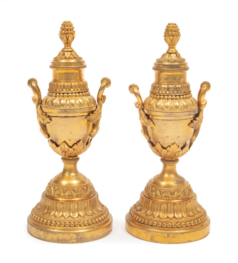 Appraisal: Diminutive Empire-Style Gilt Bronze Cassolettes foliate decoration the lids reversing