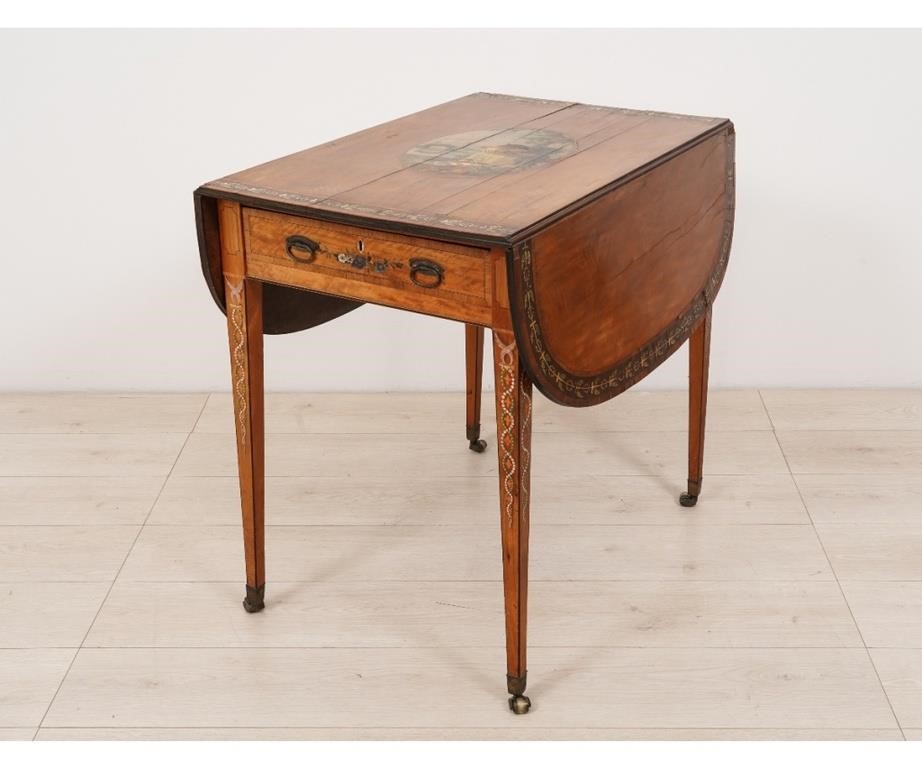 Appraisal: Georgian satin wood drop-leaf Pembroke table circa with oval painted